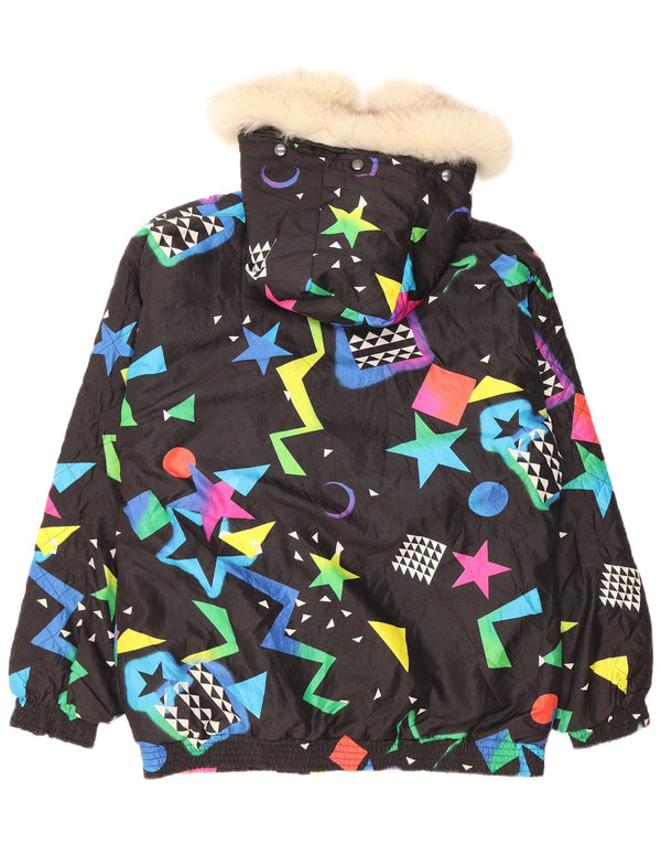 Винтажная женская ветровка с капюшоном, Великобритания 16, большая черная с геометрическим рисунком