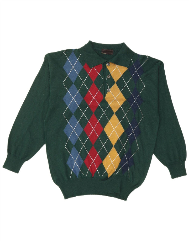 ВИНТАЖНЫЙ мужской джемпер с воротником поло, маленький зеленый свитер с узором ромб/ромб из шерсти
