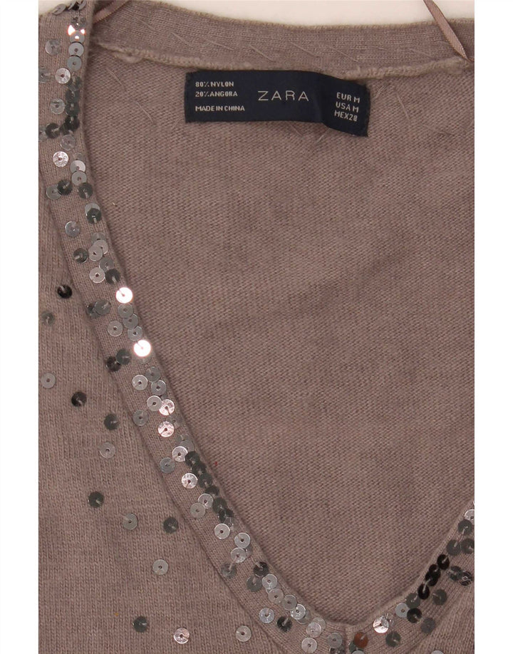 Женский джемпер с v-образным вырезом Zara UK 14, средний коричневый цвет