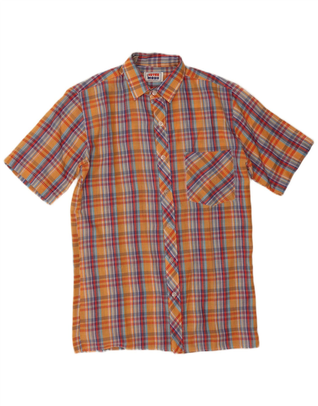 Винтажная мужская рубашка с коротким рукавом, маленькая оранжевая клетка, полиэстер