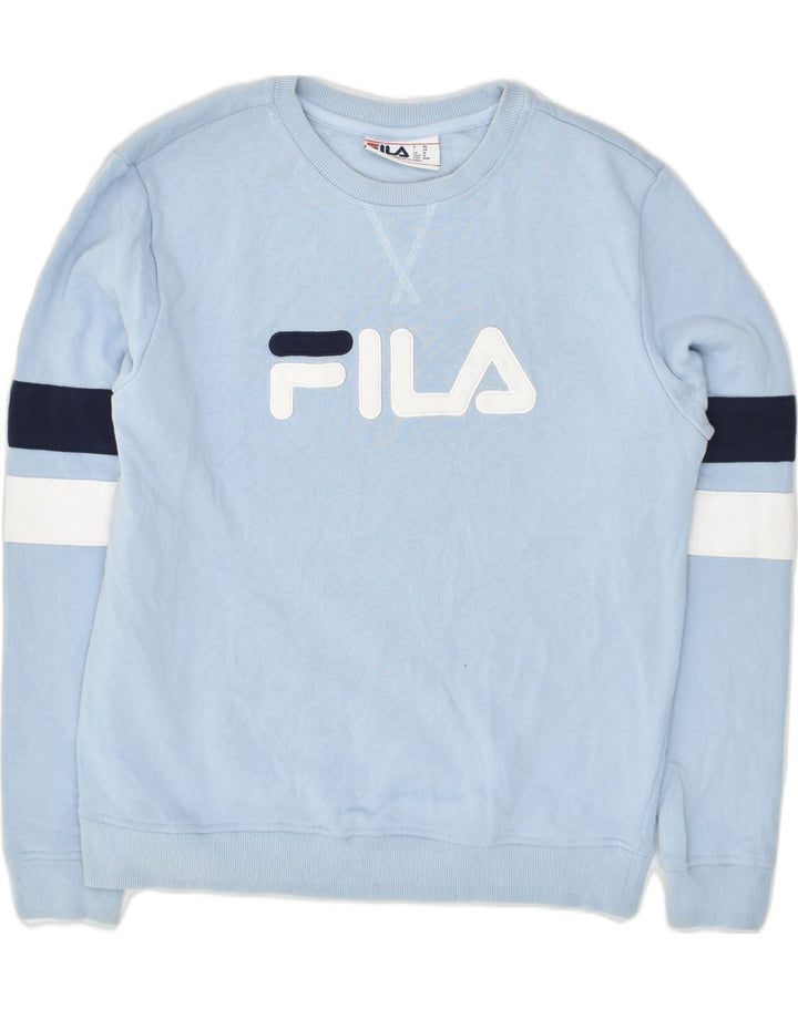 FILA Womens Graphic Sweatshirt Jumper UK 14 Medium Blue Cotton | Vintage Fila | Thrift | Second-Hand Fila | Used Clothing | Messina Hembry 