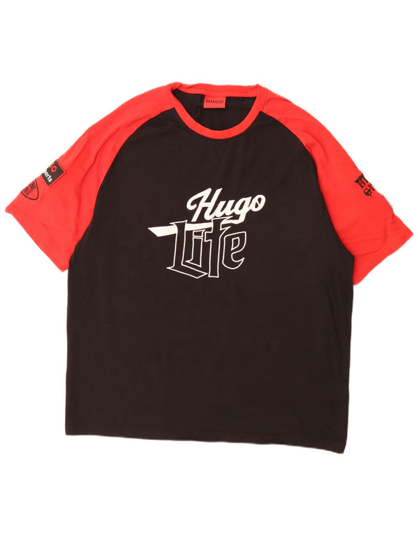 Мужская футболка с рисунком Hugo Boss, XL, черный, хлопок с цветными блоками