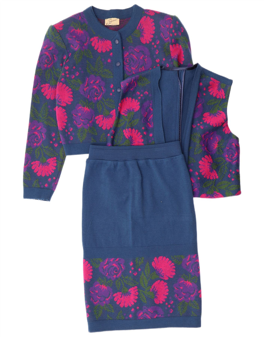 ВИНТАЖНЫЙ женский комплект из 3 предметов IT 46 Большой W26 Темно-синий с цветочным принтом из натуральной шерсти