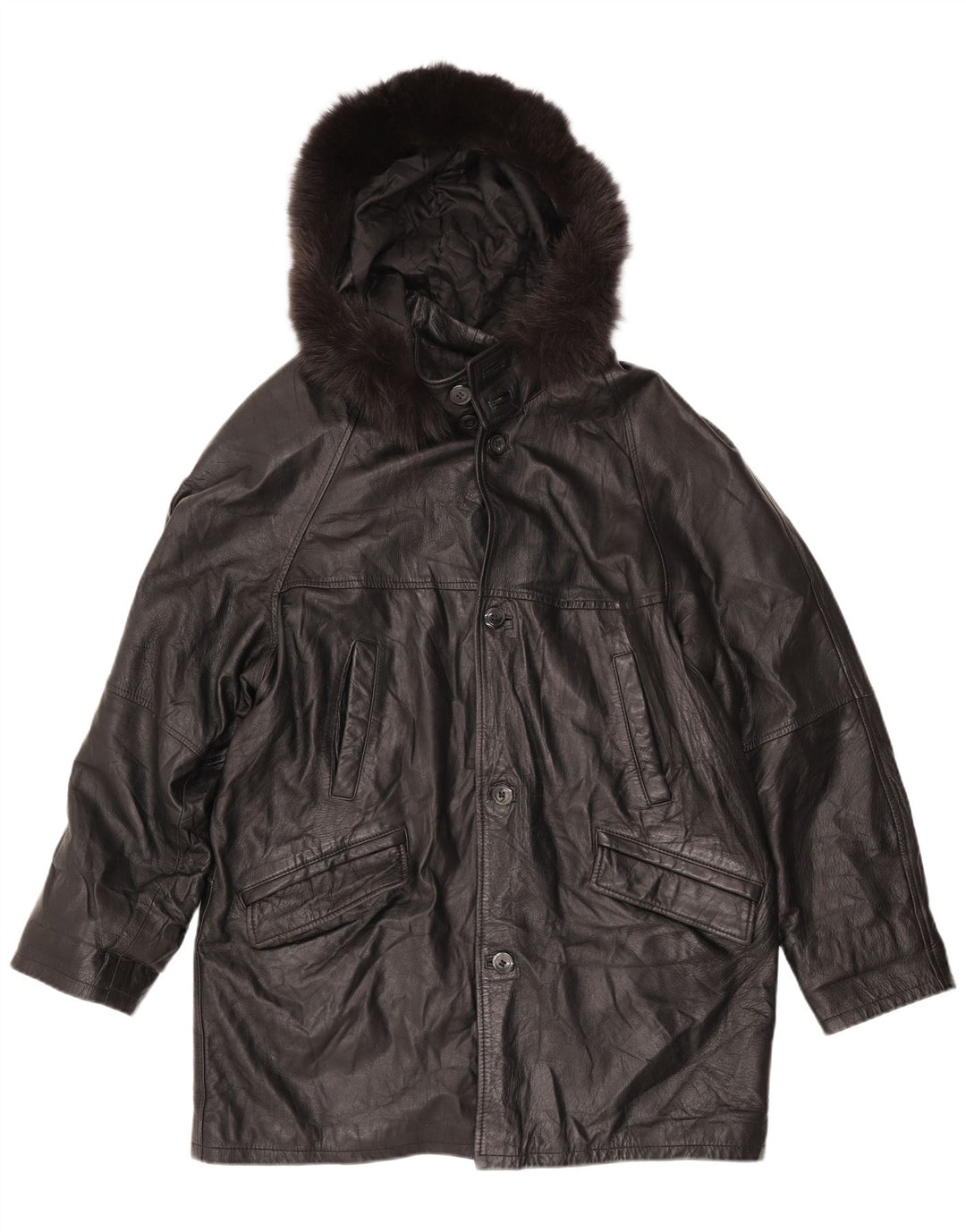 Винтажное женское кожаное пальто свободного кроя с капюшоном, Великобритания, 18 XL, черное кожаное