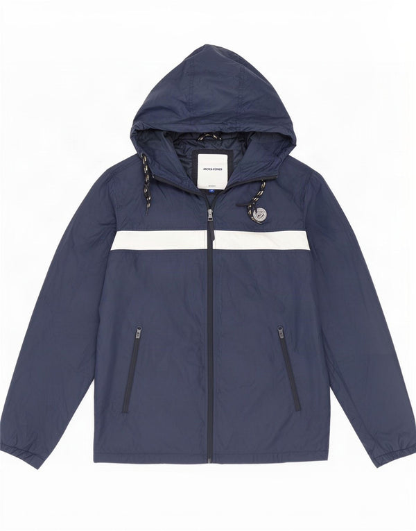 Jack & Jones Mens Hooded Rain Jacket UK 38 Medium Navy Blue Colourblock