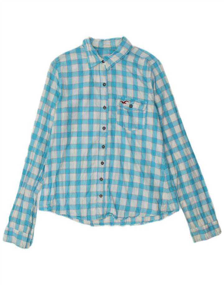 Женская рубашка Hollister UK 12, хлопковая ткань среднего синего цвета в мелкую клетку