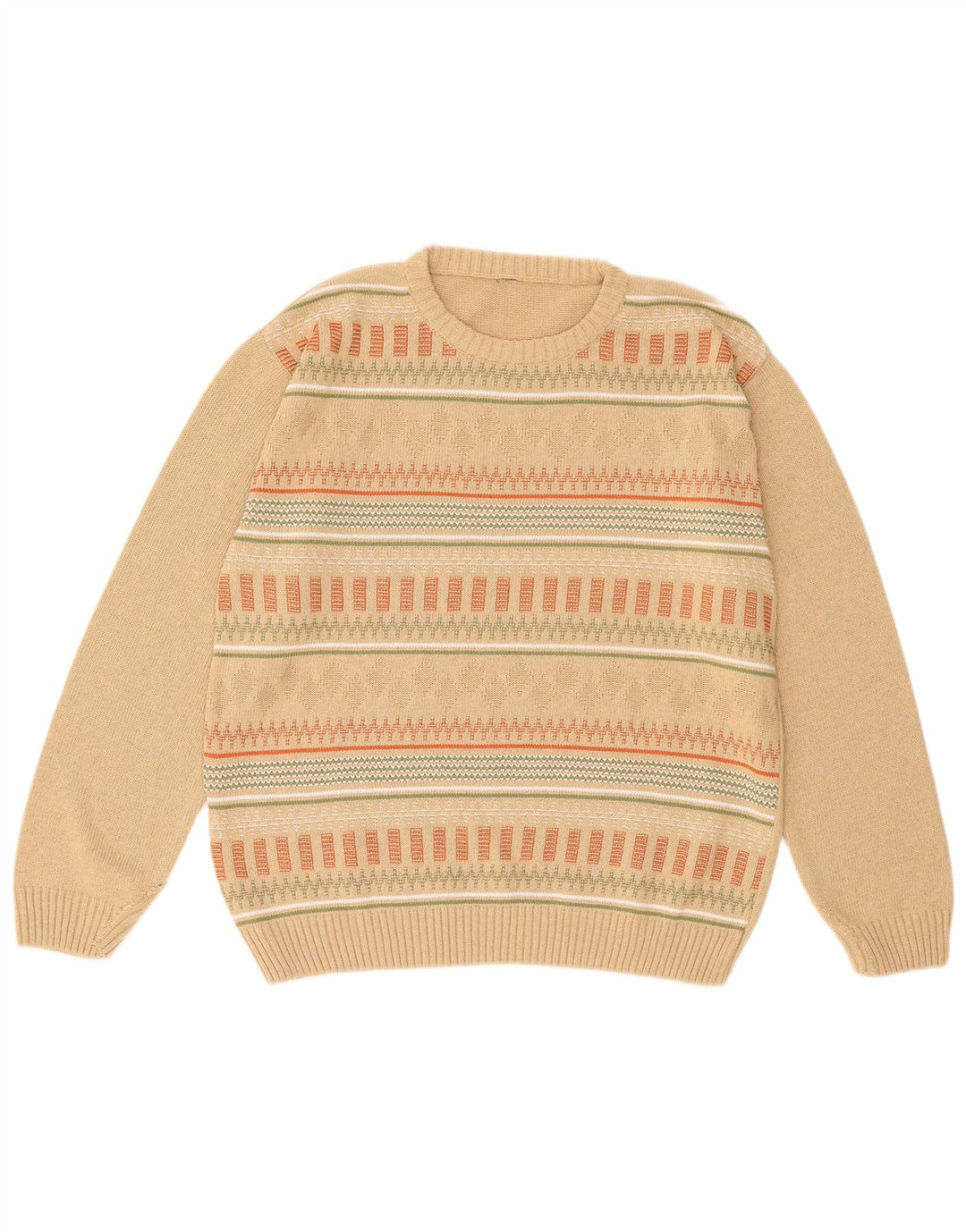 VINTAGE Mens Crew Neck Jumper Sweater Medium Beige Geometric