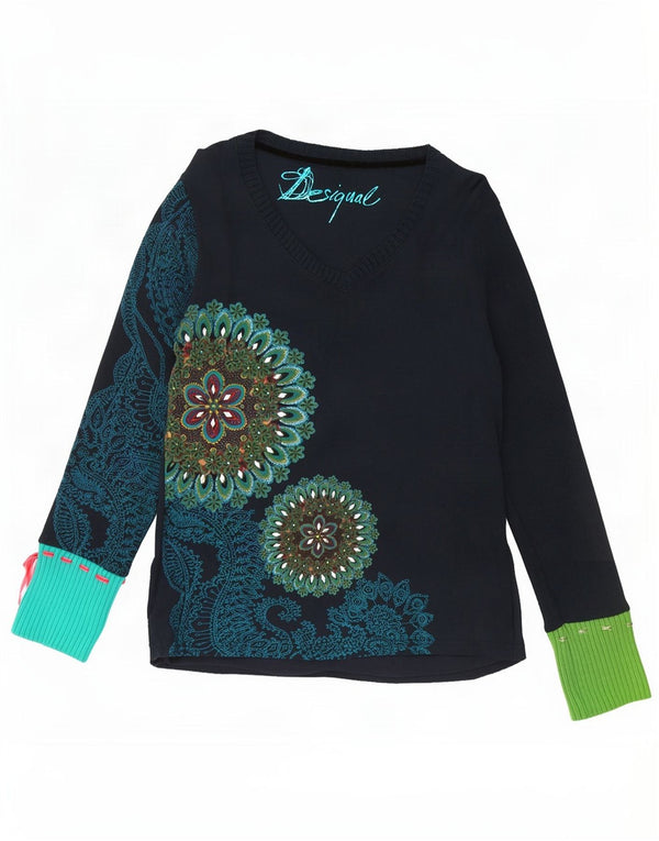 Женский топ Desigual с длинным рукавом и рисунком, UK 18 XL, темно-синий, хлопок с цветочным принтом