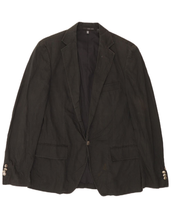Zara Mens 1 Button Blazer Jacket EU 46 Small Black Cotton
