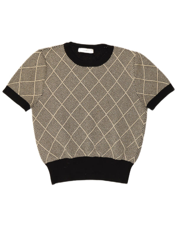 Zara Womens Short Sleeve Crew Neck Jumper Sweater UK 12 Medium Gold Check