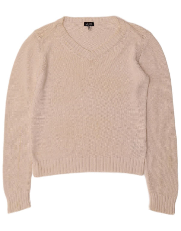 Женский джемпер с v-образным вырезом ARMANI JEANS UK 16, большой белый хлопок