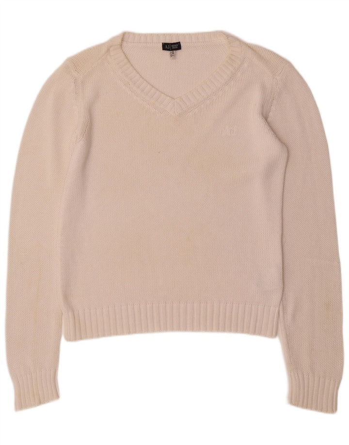 Женский джемпер с v-образным вырезом ARMANI JEANS UK 16, большой белый хлопок