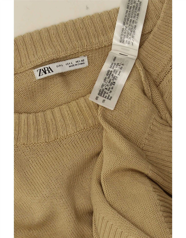 Мужской джемпер с круглым вырезом Zara, большой бежевый хлопковый свитер
