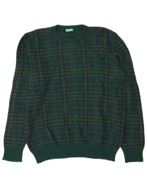 Мужской джемпер с круглым вырезом Benetton XL, зеленая клетка в клетку