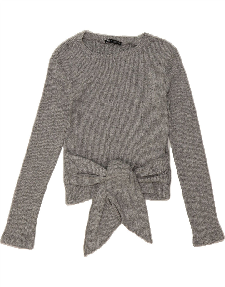 ZARA Womens Crop Front Tie Boat Neck Jumper Sweater UK 12 Medium Grey Vintage Zara and Second-Hand Zara from Messina Hembry 
