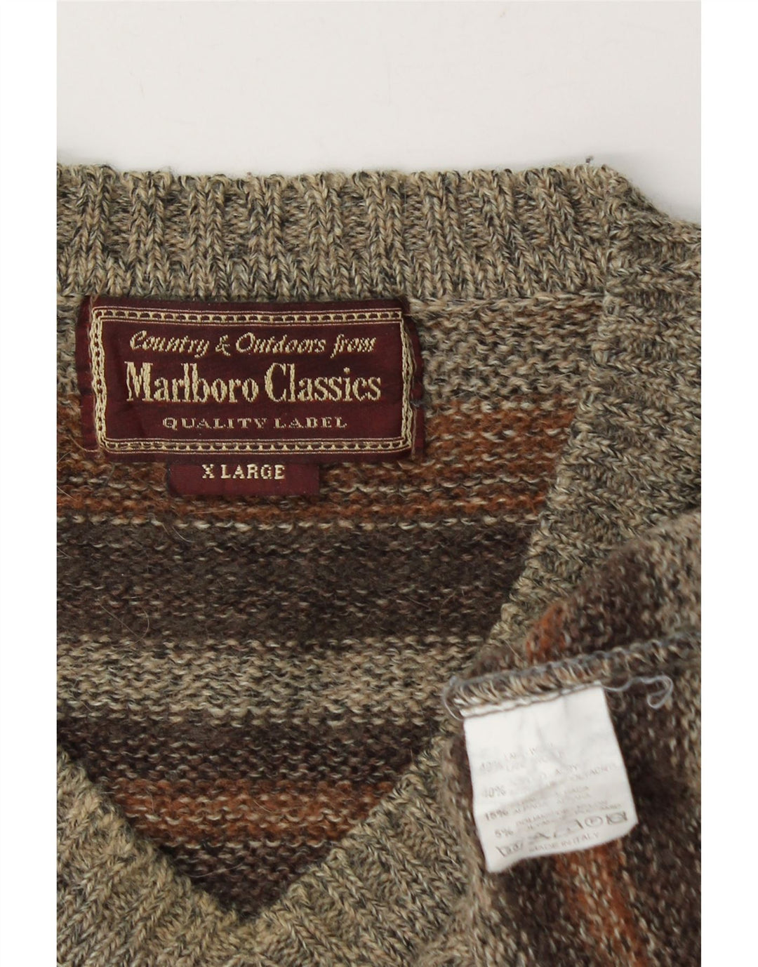 Мужской джемпер MARLBORO CLASSICS с v-образным вырезом XL, коричневый полосатый шерстяной свитер