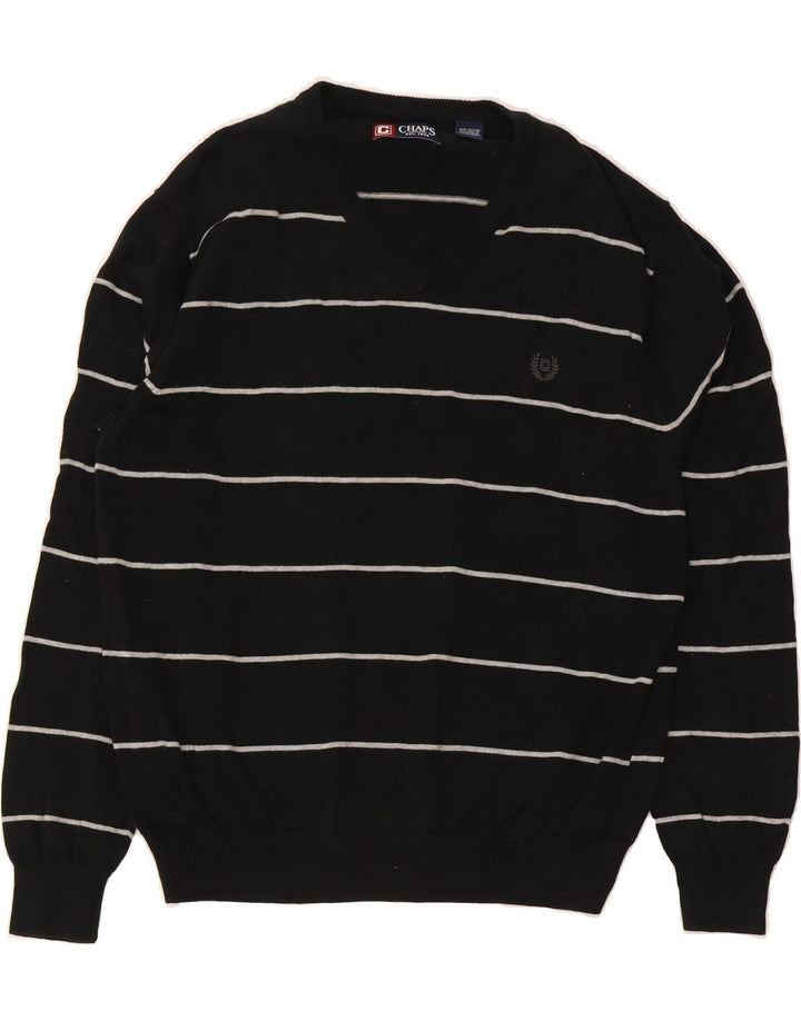 CHAPS Mens V-Neck Jumper Sweater XL Black Striped Cotton Vintage Chaps and Second-Hand Chaps from Messina Hembry 