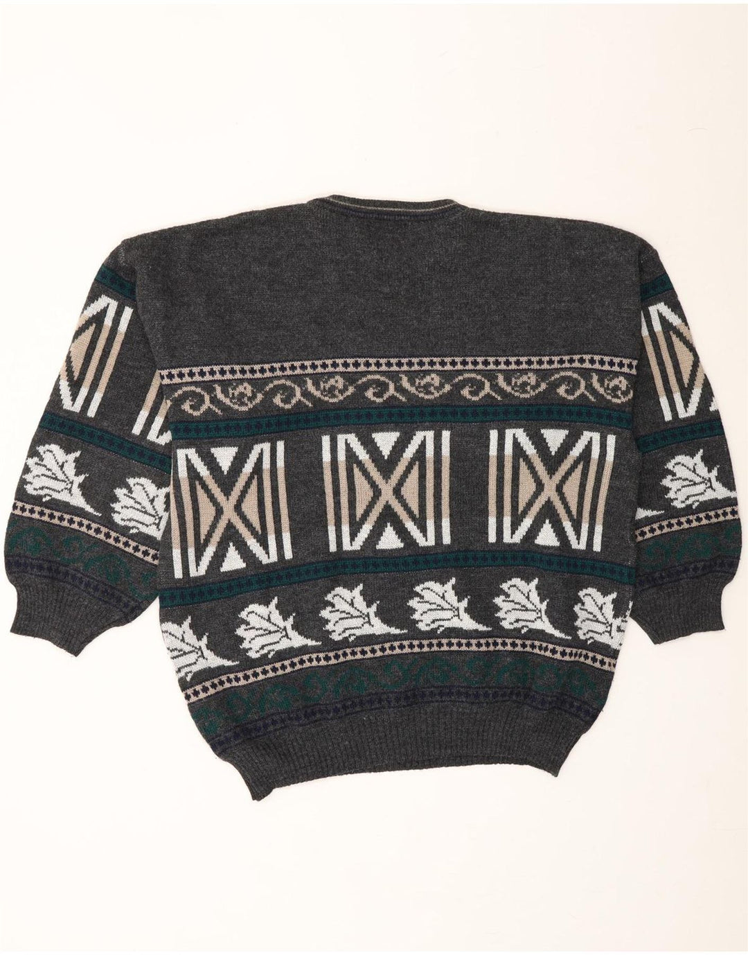 HENRY MORELL Mens Crew Neck Jumper Sweater 2XL Grey Geometric Polyacrylic Vintage Henry Morell and Second-Hand Henry Morell from Messina Hembry 