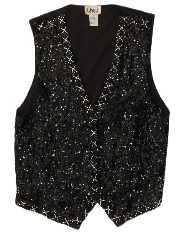 ВИНТАЖНЫЙ женский жилет с пайетками, Великобритания 14, средний черный хлопок, 80-е годы