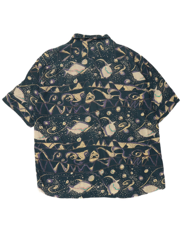 Винтажная мужская рубашка с коротким рукавом с абстрактным узором XL, синяя вискоза в стиле ретро