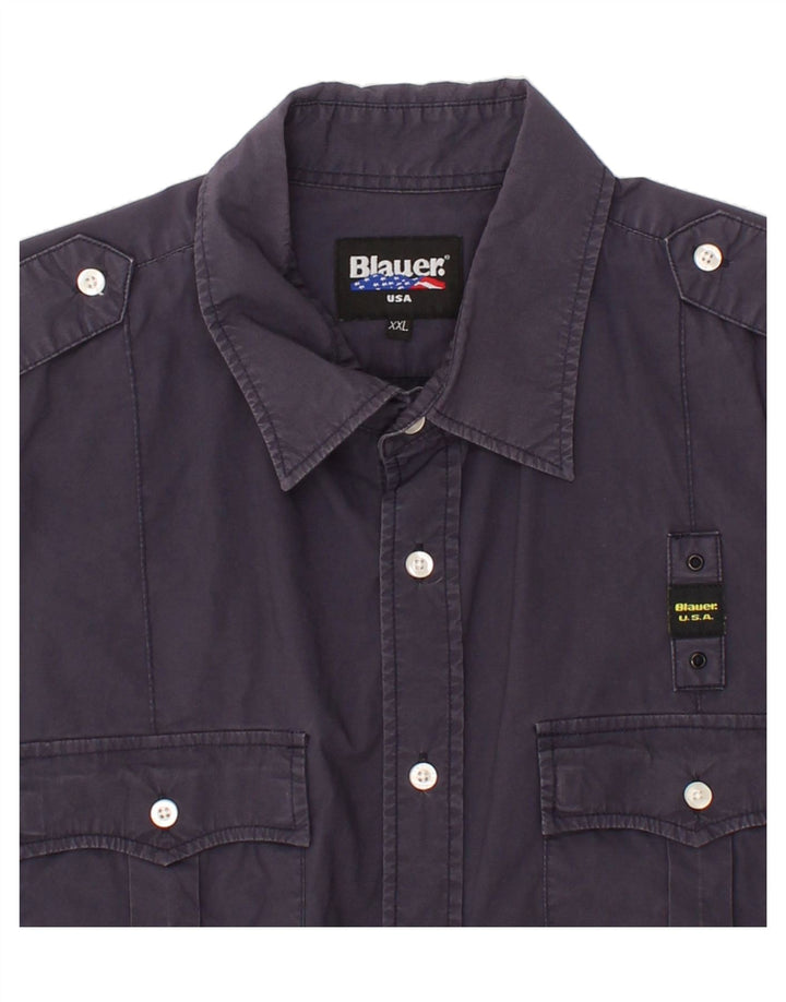 BLAUER Мужская рубашка с коротким рукавом 2XL Темно-синяя, хлопок