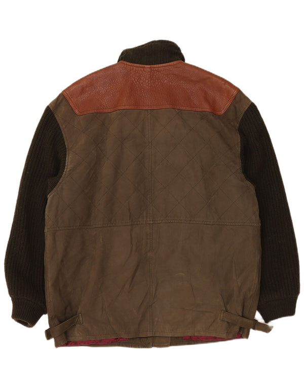 Винтажная мужская вязаная кожаная куртка UK 42 XL, цвет хаки, классика с цветными блоками