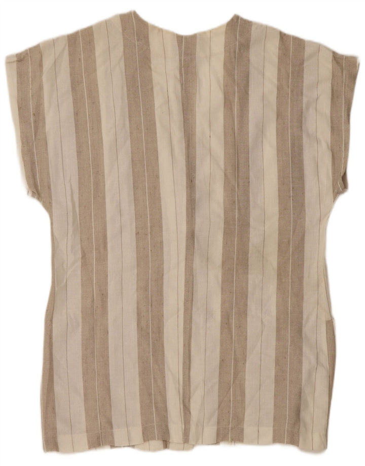 Винтажная женская блузка-рубашка с коротким рукавом, Великобритания, 14, льняная полоска среднего бежевого цвета