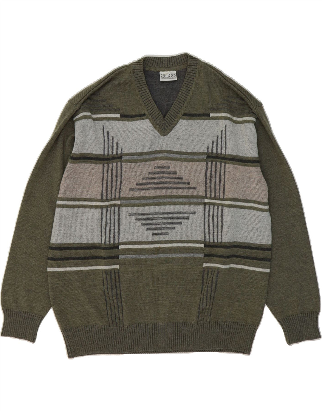 VINTAGE Mens V-Neck Jumper Sweater Medium Green Geometric Polyacrylic Vintage Vintage and Second-Hand Vintage from Messina Hembry 