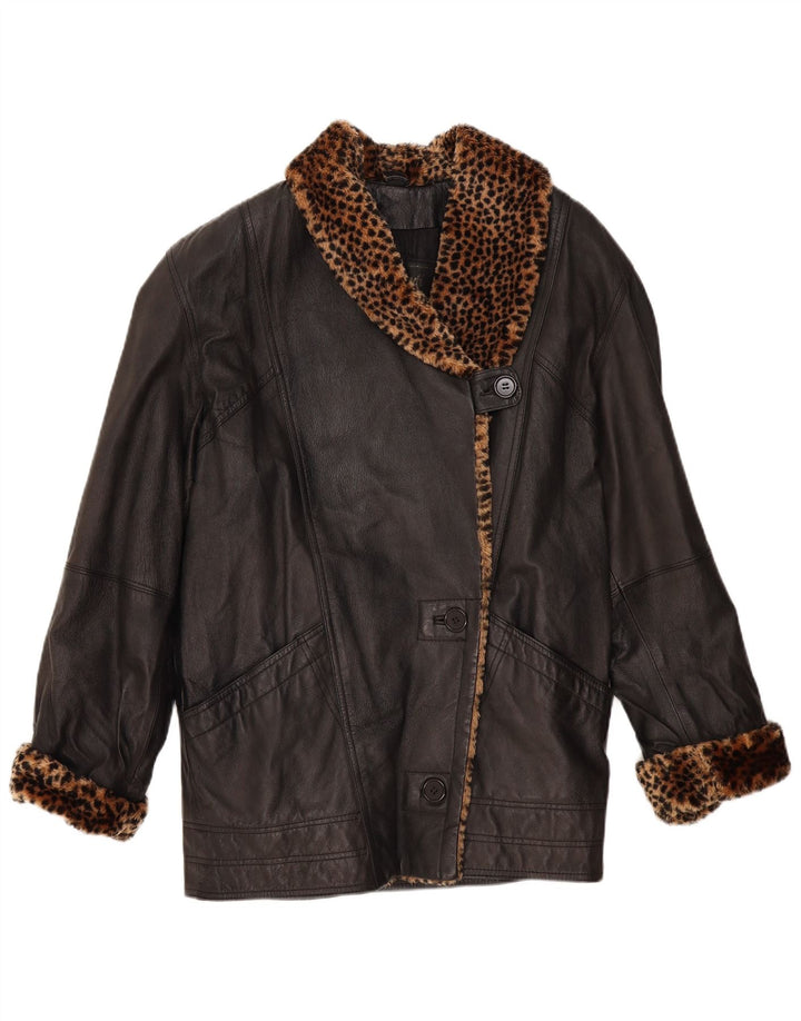 ВИНТАЖНОЕ женское кожаное пальто оверсайз UK 10 маленькое черное с животным принтом