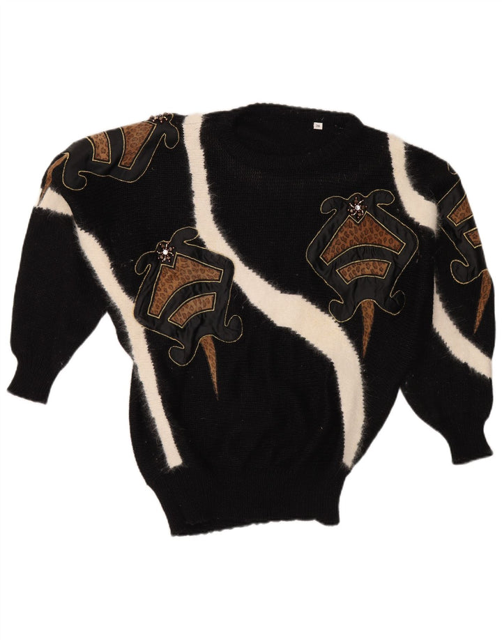 ВИНТАЖНЫЙ женский джемпер с круглым вырезом EU 38, средний черный цвет с цветными блоками