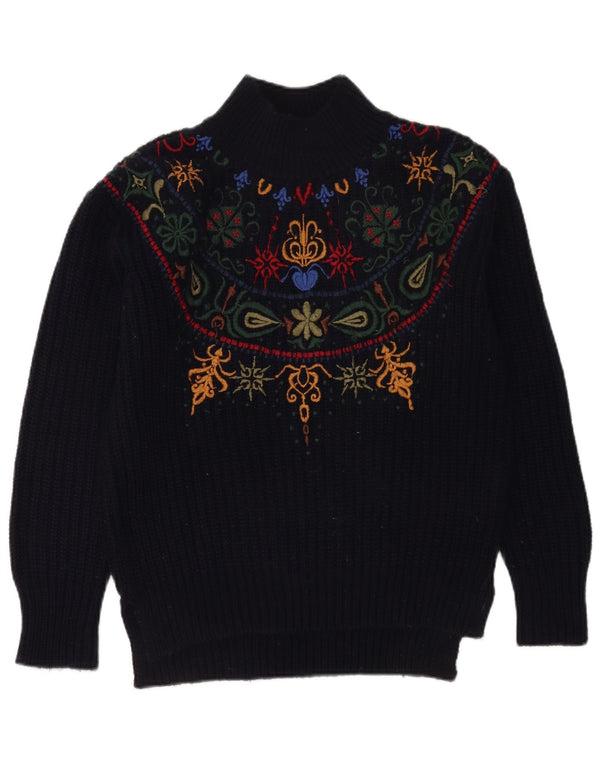 Женский джемпер с высоким воротником Zara UK 14, средний темно-синий хлопковый цветочный джемпер