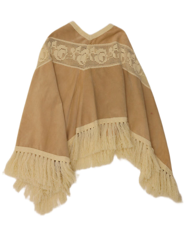 Vintage Womens Suede Poncho Jumper One Size Beige Floral Leather