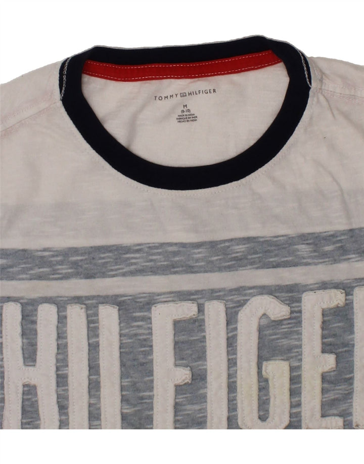 TOMMY HILFIGER Boys Graphic T-Shirt Top 8-9 Years Medium White Striped Vintage Tommy Hilfiger and Second-Hand Tommy Hilfiger from Messina Hembry 