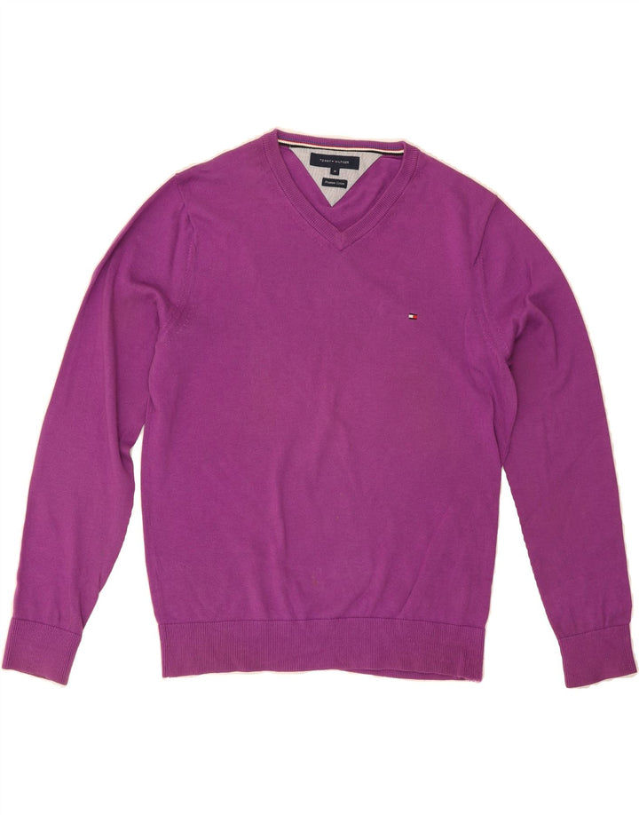 TOMMY HILFIGER Mens V-Neck Jumper Sweater Medium Purple Cotton Vintage Tommy Hilfiger and Second-Hand Tommy Hilfiger from Messina Hembry 