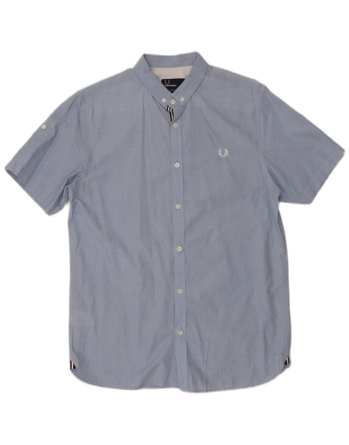 Мужская приталенная рубашка с коротким рукавом Fred Perry, хлопковая, среднего синего цвета