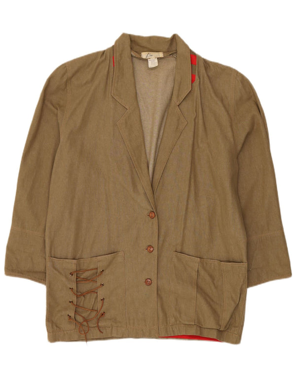 Винтажный женский удлиненный пиджак на 3 пуговицах IT 42, хлопковый средний зеленый цвет