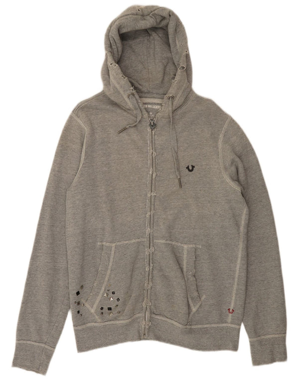 TRUE RELIGION Mens Distressed Zip Hoodie Sweater Medium Grey Cotton