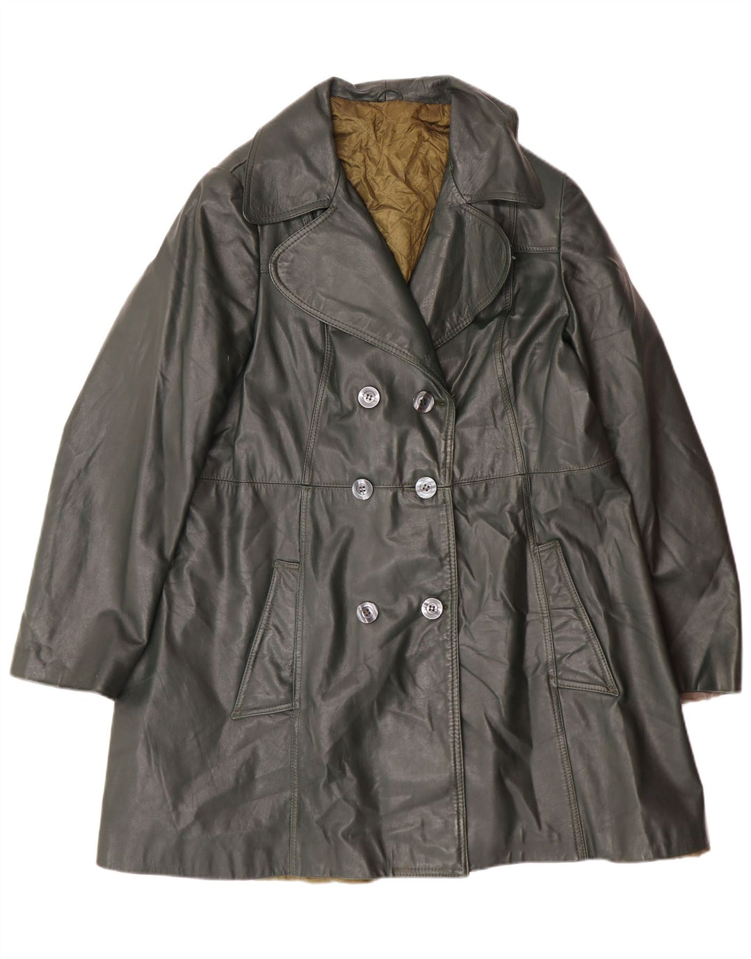 Винтажное женское двубортное кожаное пальто UK 18 XL, зеленое
