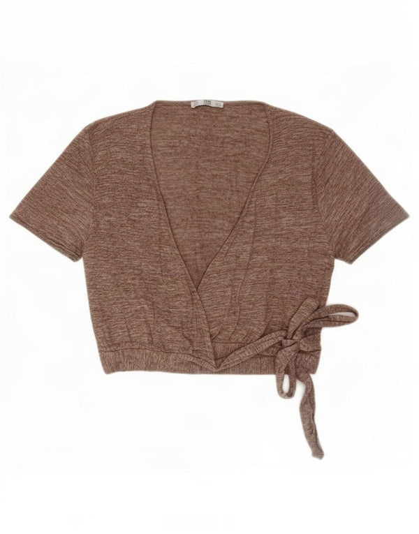 Женский кардиган с запахом и короткими рукавами Zara UK 14, большой, бежевый, в крапинку