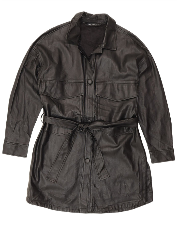Женское пальто из искусственной кожи Zara UK 10, маленькое черное, современное из полиуретана