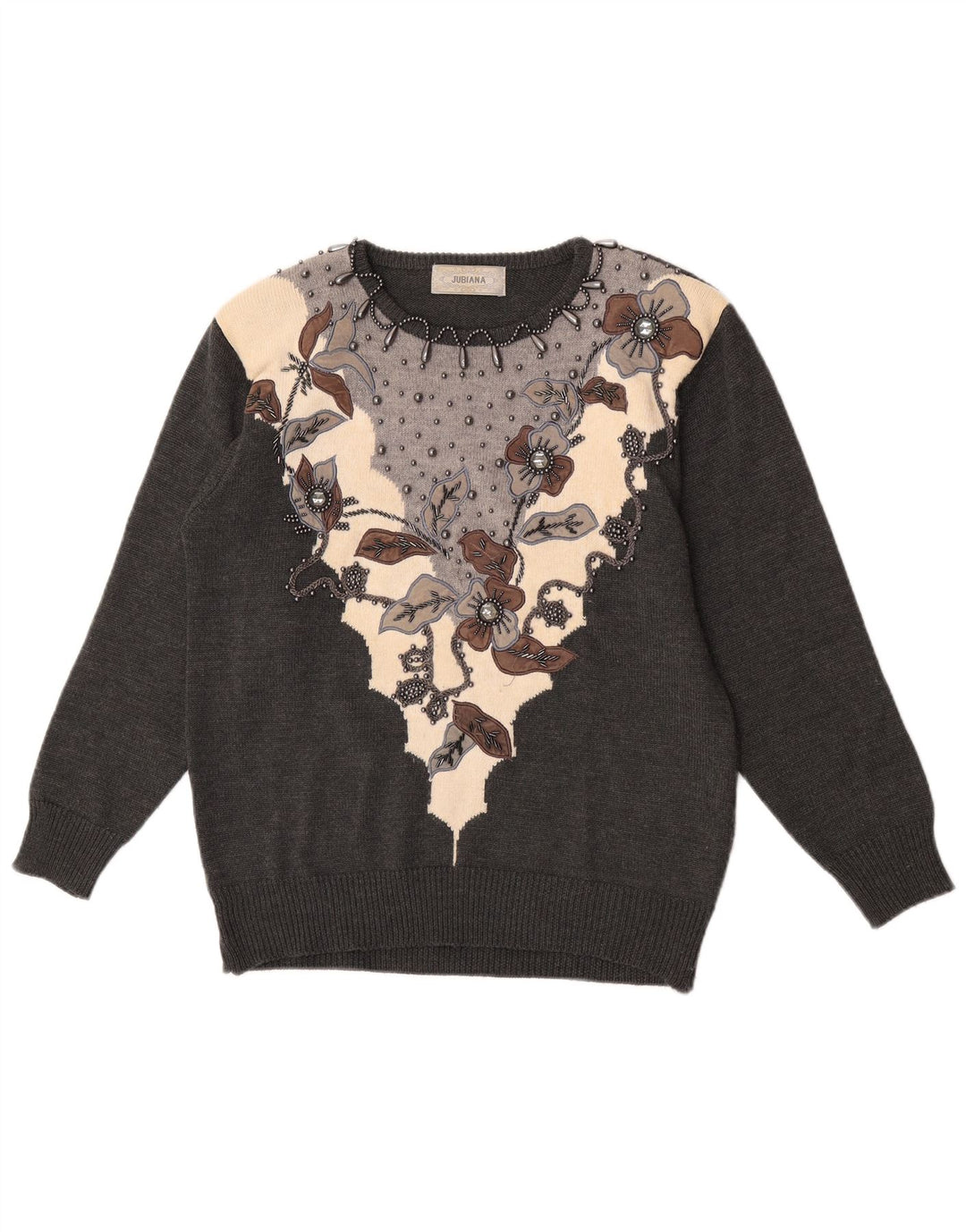 Женский джемпер с круглым вырезом Jubiana, Великобритания 14, средний серый цвет с цветочным принтом