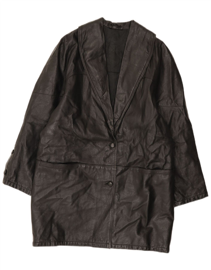 Винтажное женское кожаное пальто UK 16, большое черное