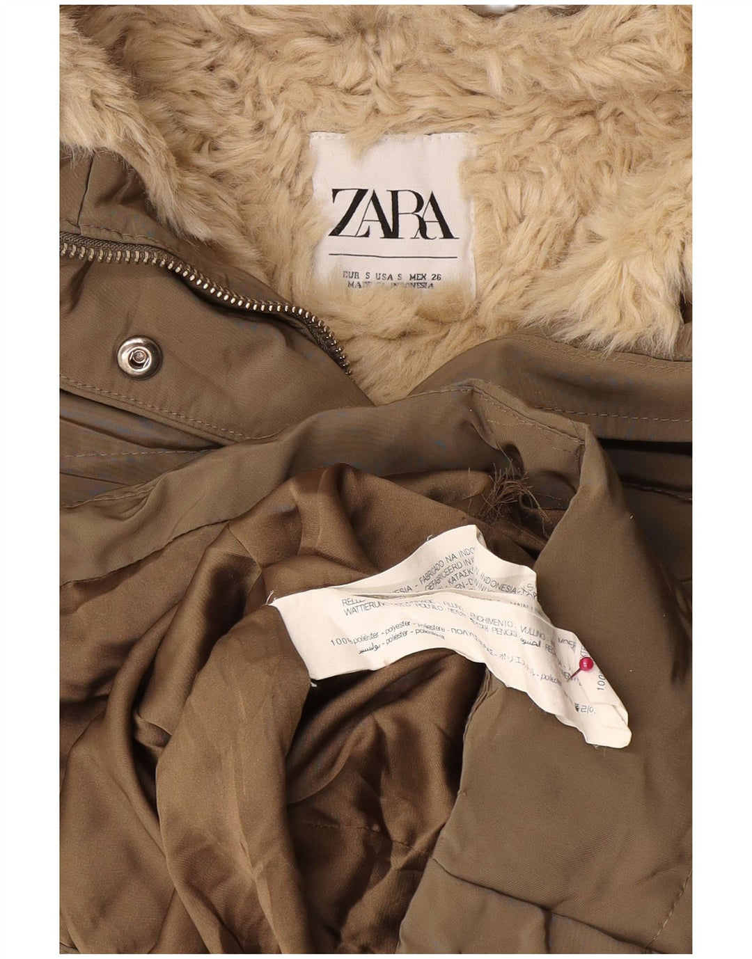 Женская утепленная куртка Zara из шерпы с капюшоном UK 10, маленький цвет, полиэстер цвета хаки