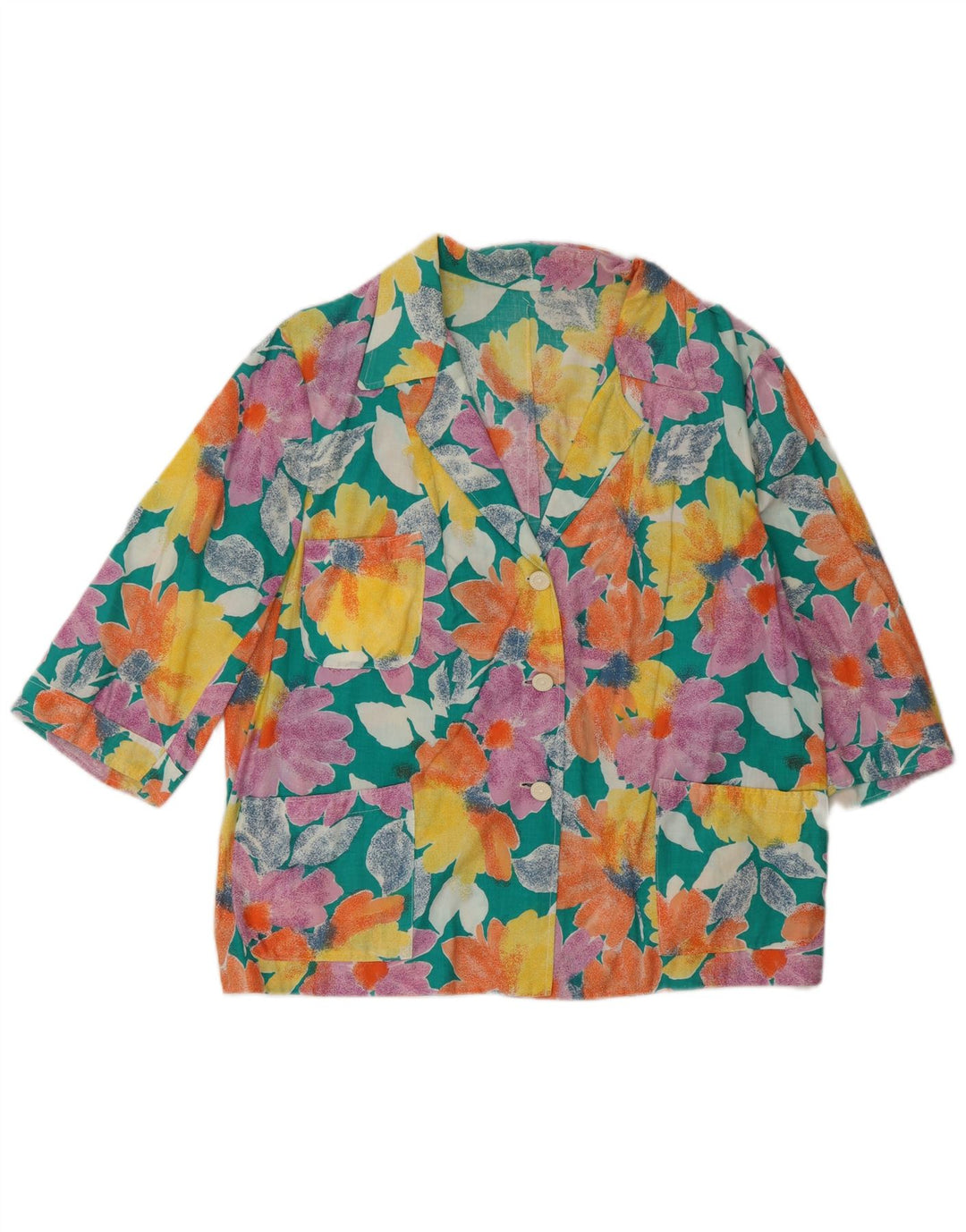 Винтажный женский пиджак на 3 пуговицах, Великобритания, 16, большой разноцветный цветочный принт