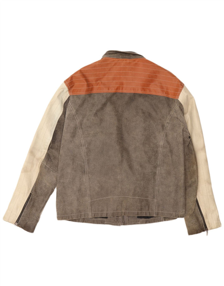 Мужская кожаная куртка EXPLORER UK 40, большая серая кожа с цветными блоками