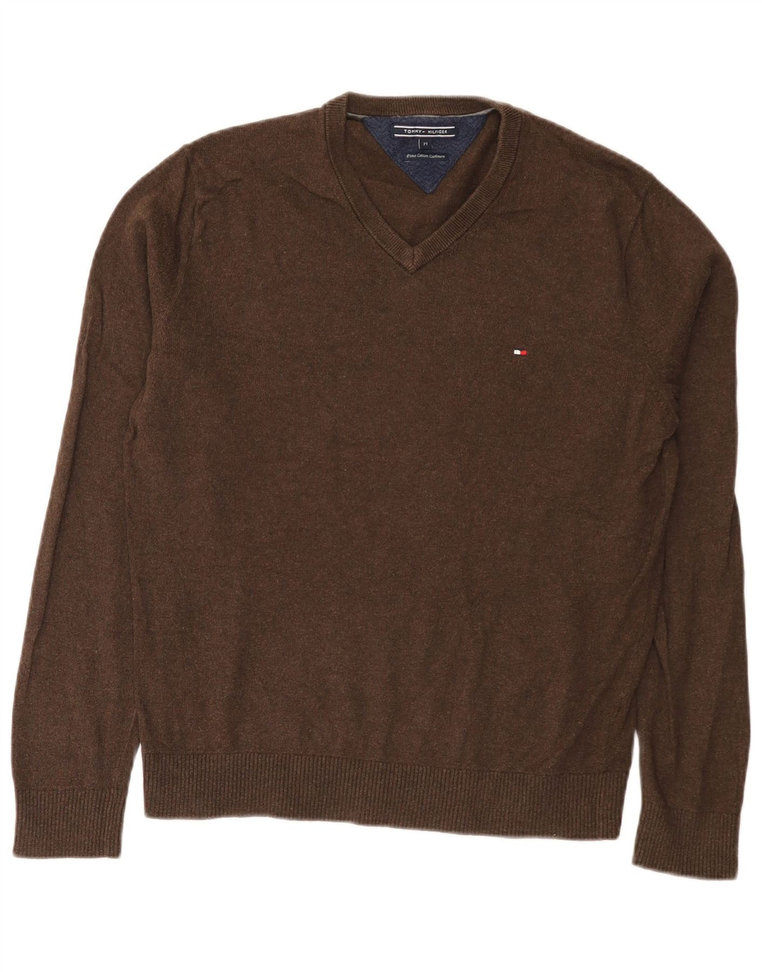 Tommy Hilfiger Mens V-Neck Jumper Sweater Medium Brown Cotton