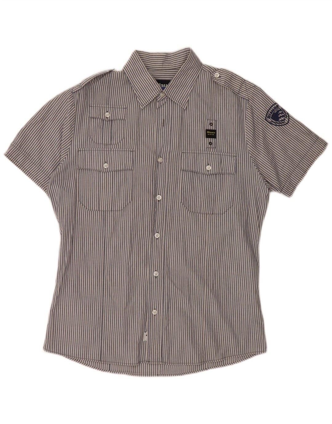 BLAUER Мужская рубашка с коротким рукавом в стиле милитари, большая синяя хлопковая полоска