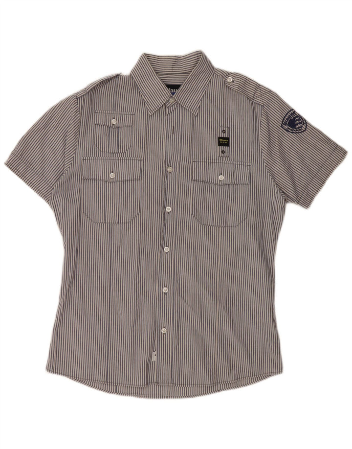 BLAUER Мужская рубашка с коротким рукавом в стиле милитари, большая синяя хлопковая полоска