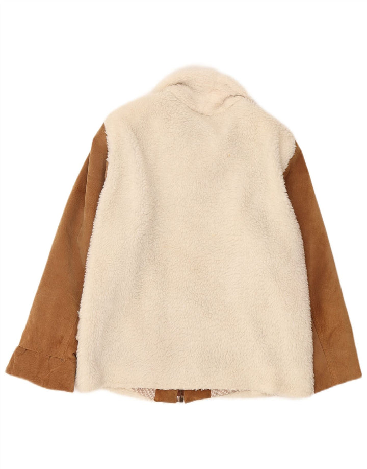 Винтажная женская кожаная флисовая куртка UK 14, кожа среднего белого цвета с цветными блоками