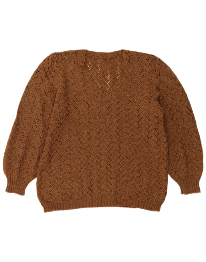 Винтажный женский джемпер с v-образным вырезом, Великобритания 14, средний коричневый цвет